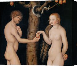 The Garden of Eden Canvas Prints - Eve Offering The Apple to Adam In The Garden of Eden by The Elder Lucas Cranach