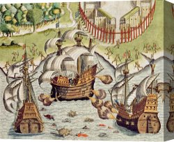 The Battle of Bannockburn Canvas Prints - Naval Battle between the Portuguese and French in the Seas off the Potiguaran Territories by Theodore de Bry