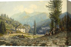 Woman at a Hot Spring Hotel Canvas Prints - View of The Residence of Archduke Johann in Gastein Hot Springs by Thomas Ender