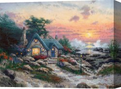 African Keeping a Horse at The Side of a Sea Canvas Paintings - Cottage by The Sea by Thomas Kinkade