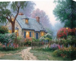 Clocktower Cottage Canvas Paintings - Foxglove Cottage by Thomas Kinkade