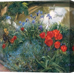 Goose Canvas Paintings - Red Tulips And Geese by Timothy Easton
