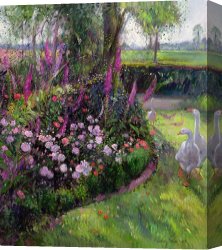 Goose Canvas Paintings - Rose Bed and Geese by Timothy Easton