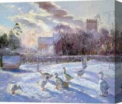 Cold Canvas Paintings - Winter Geese in Church Meadow by Timothy Easton