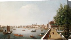 Night View of a Barge And It's Tug on The Kanawha River Canvas Prints - View of the River Thames from the Adelphi Terrace by William James