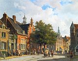 Adrianus Eversen Figures in The Sunlit Streets of a Dutch Town