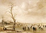 The Frozen Moat - Bedfield Prints - A Winter Landscape With Townsfolk Skating And Playing Kolf On A Frozen River by Aert van der Neer