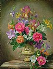 Vase Prints - Peonies And Irises In A Ceramic Vase by Albert Williams
