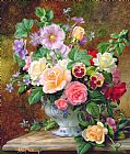 Vase Prints - Roses Pansies And Other Flowers In A Vase by Albert Williams