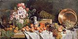 Alfred Petit  Still life with flowers and fruit on a table