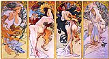 Alphonse Marie Mucha Cropped Print of Four Panels Each Depicting One of The Four Seasons Personified by a Woman