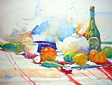 Andre Mehu Red peppers fruits and tea pot painting