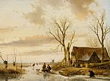 The Frozen Moat - Bedfield Prints - A Winter Landscape with Skaters on a Frozen River by Andreas Schelfhout