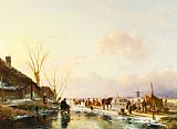 The Frozen Moat - Bedfield Prints - Skaters By A Booth On A Frozen River by Andreas Schelfhout