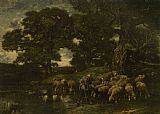 Charles Emile Jacque A Shepherd And His Flock by a Pond painting