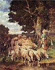Charles Emile Jacque A Shepherdess with Her Flock Near a Stream painting