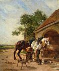 Charles Emile Jacque Attending to The Horses painting