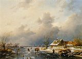 The Frozen Moat - Bedfield Prints - A Frozen Waterway with Skaters by a Cottage by Charles Henri Joseph Leickert