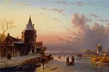The Frozen Moat - Bedfield Prints - Skaters on a Frozen River at Dusk by Charles Henri Joseph Leickert