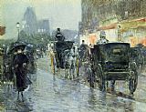 Childe Prints - Horse Drawn Cabs at Evening in New York by Childe Hassam