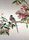 Chinese Prints - Jay on a flowering branch by Chinese School
