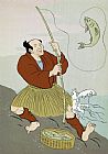 Collection 10 Japanese fisherman fishing catching trout fish painting