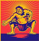 Collection 10 Sumo wrestler crouching retro woodcut