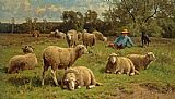 Cornelis Van Leemputten A Shepherd And His Dog Guarding a Flock of Sheep