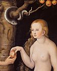 The Garden of Eden Prints - Eve offering the apple to Adam in the Garden of Eden and the serpent by Cranach