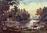 Currier and Ives Cows on the Shore of a Lake painting