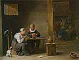 Seated Prints - A Man And Woman Smoking a Pipe Seated in an Interior with Peasants Playing Cards on a Table by David the younger Teniers