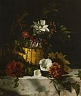 Basket Prints - Basket of Flowers on a Marble Ledge by Dirck De Bray