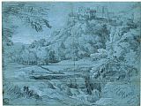 Dughet, Gaspard Landscape with Mountain Town And Waterfall