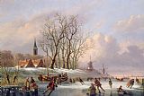 The Frozen Moat - Bedfield Prints - Skaters on a Frozen River before Windmills by Dutch School