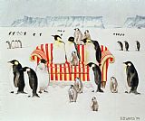 Red And White Prints - Penguins On A Red And White Sofa by EB Watts