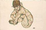 Egon Schiele Crouching Nude Girl painting