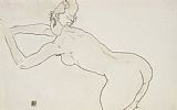 Nudity Prints - Female Nude Kneeling and Bending Forward to the Left by Egon Schiele