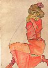 Egon Schiele Kneeling Female in Orange Red Dress painting