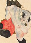 Reclining Nude Prints - Reclining woman in red trousers and standing female nude by Egon Schiele