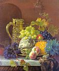 Eloise Harriet Stannard Fruits on a Tray with a Silver Flagon on a Marble Ledge