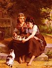 Emile Munier Two Girls with a Basket of Kittens