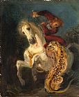 Delacroix Prints - Rider Attacked by a Jaguar by Eugene Delacroix