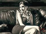 Fabian Perez Tess on Leather Couch with Red Wine