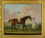 Jockeys Prints - Portrait of Henry Comptons Race Horse Cottager Held by a Groom with Jockey And a Race Beyond by Francis Sartorius
