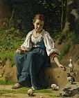 Francois Alfred Delobbe Young Girl Feeding The Baby Chicks