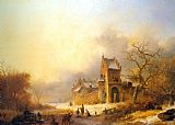 The Frozen Moat - Bedfield Prints - Figures on a Frozen River in a Winter Landscape by Frederik Marianus Kruseman