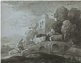 Gainsborough, Thomas Wooded Landscape with Herdsman Driving Cattle Over a Bridge, Rustic Lovers And Ruined Castle painting