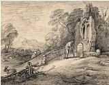 Gainsborough, Thomas Wooded Landscape with Peasant Reading an Inscription on a Tombstone Beside a Ruined Church, Figures,... painting