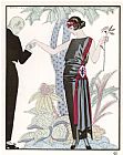 Chinese Prints - Sleeveless Slash Neck Chinese Or Orientally Inspired Black Dress by Worth with Red Tassel Detail by Georges Barbier