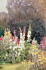 Helen Allingham Hollyhocks painting